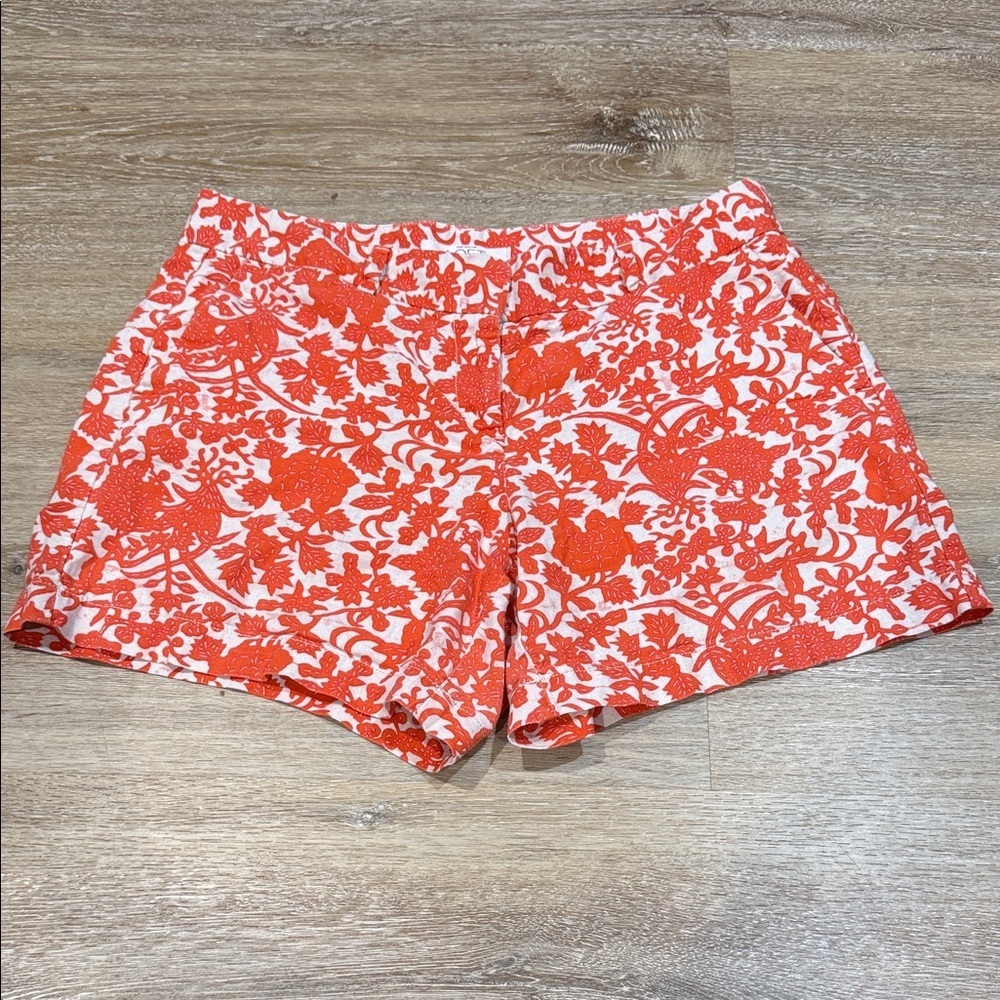 LOFT Women’s  Shorts High Waist  Orange White Linen Cotton  Floral Size 8